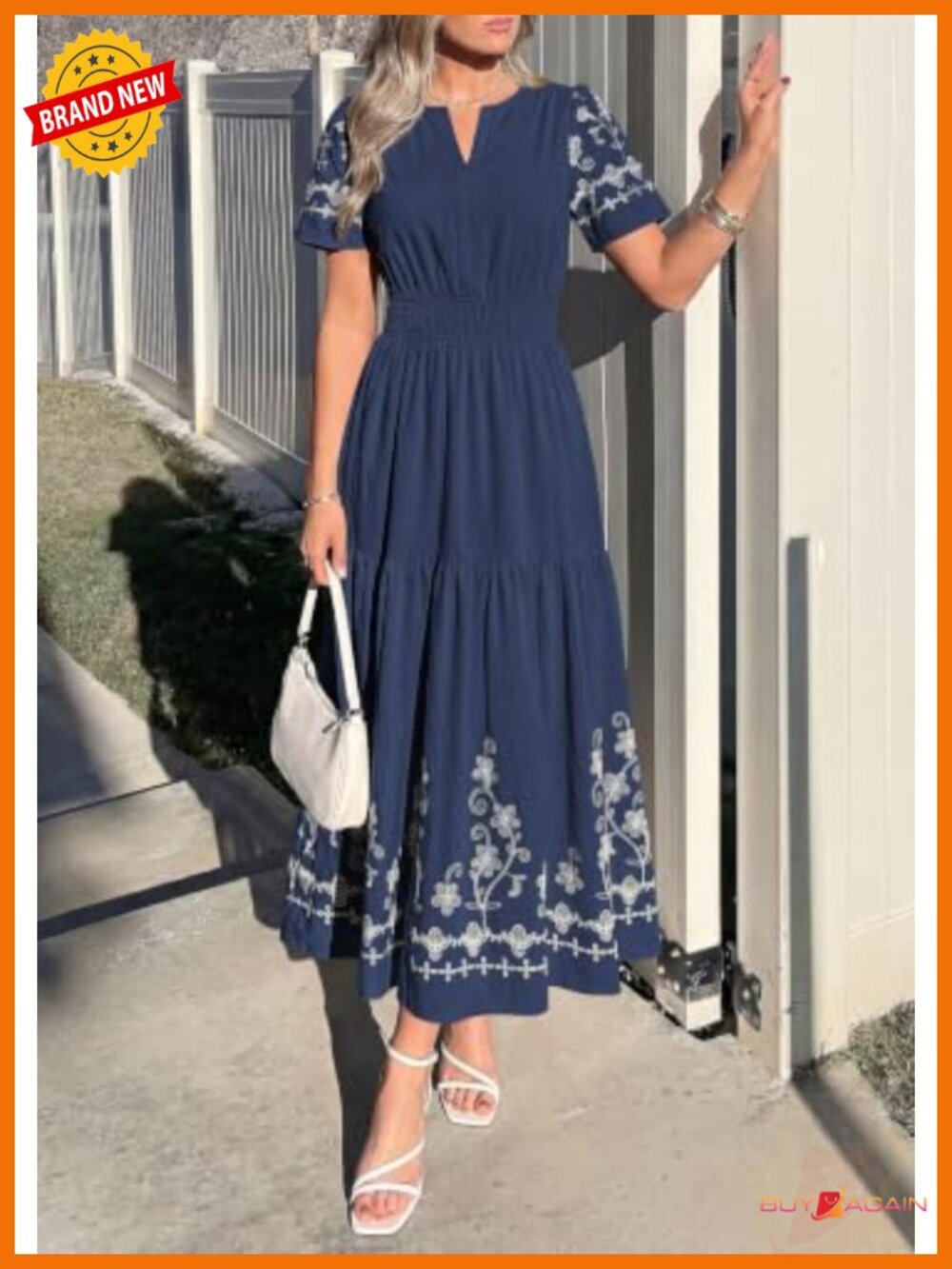 Floral Embroidered A-Line Maxi Dress with Pockets Short Sleeve V-Neck - Picture 5 of 6